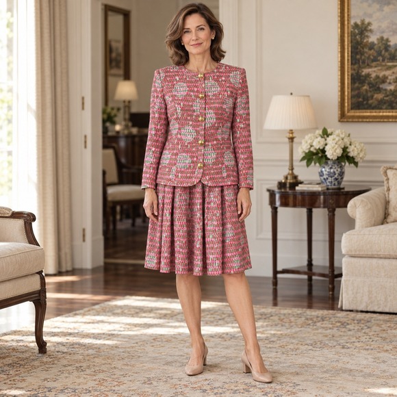 Anne Crimmins for UMI Collections Dresses & Skirts - Anne Crimmins Skirt Suit Set Womens 12 Pink Geometric Coquette Vintage